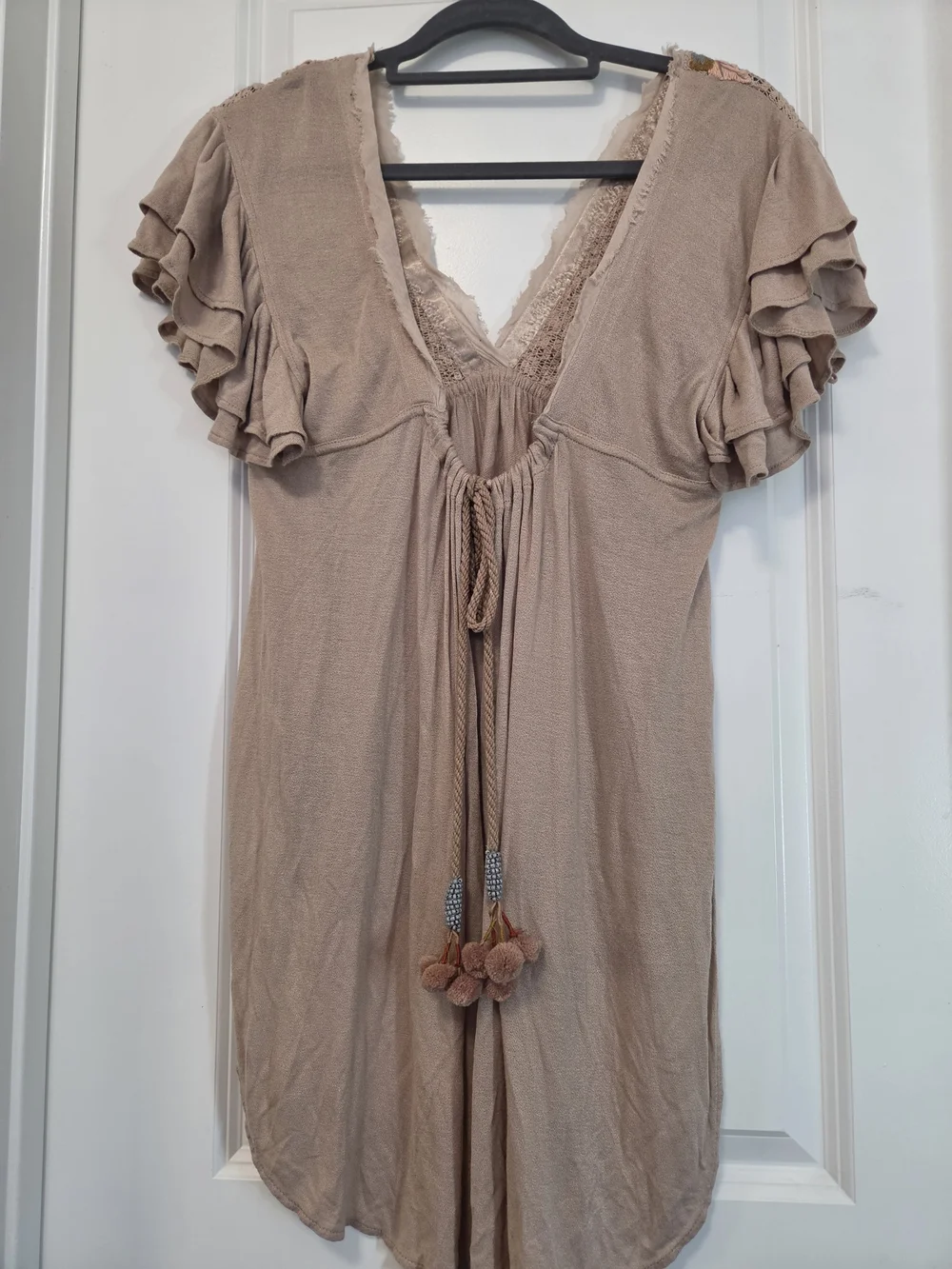 Boho Embroidered V-Neck High-Low Top with Ruffle Sleeves & Back Tie Tassels
